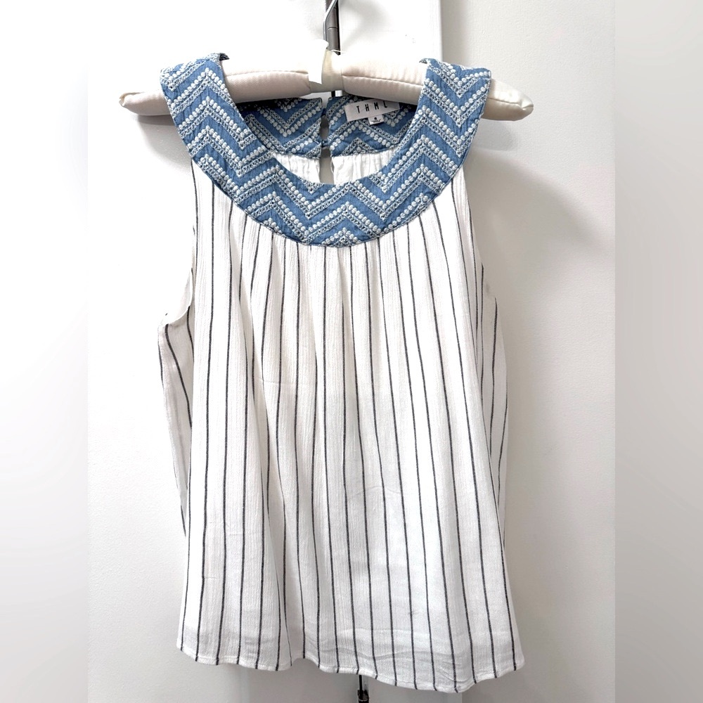THML Striped Sleeveless Top with Embroidered Blue Collar